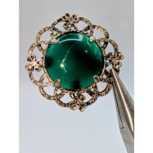 Vintage Green Glass Shamrock Silver Tone Brooch